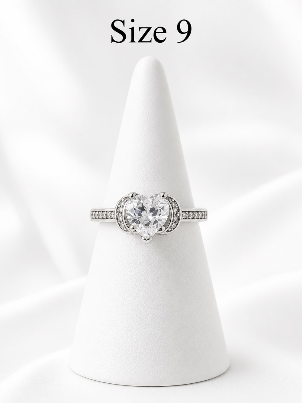 Heart-Cut Silver Cocktail Ring with Clear Stone - Size 9